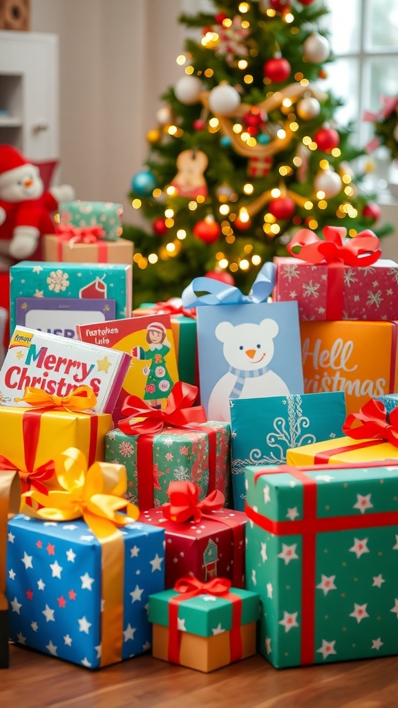 A vibrant collection of Christmas gifts for a 10-year-old, including toys, books, and games, under a decorated Christmas tree.